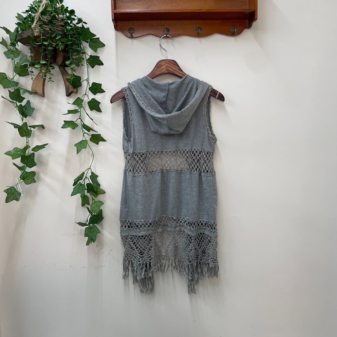 히피 보헤미안 그레이 크로쉐 프린지 후드 베스트 상품이미지3