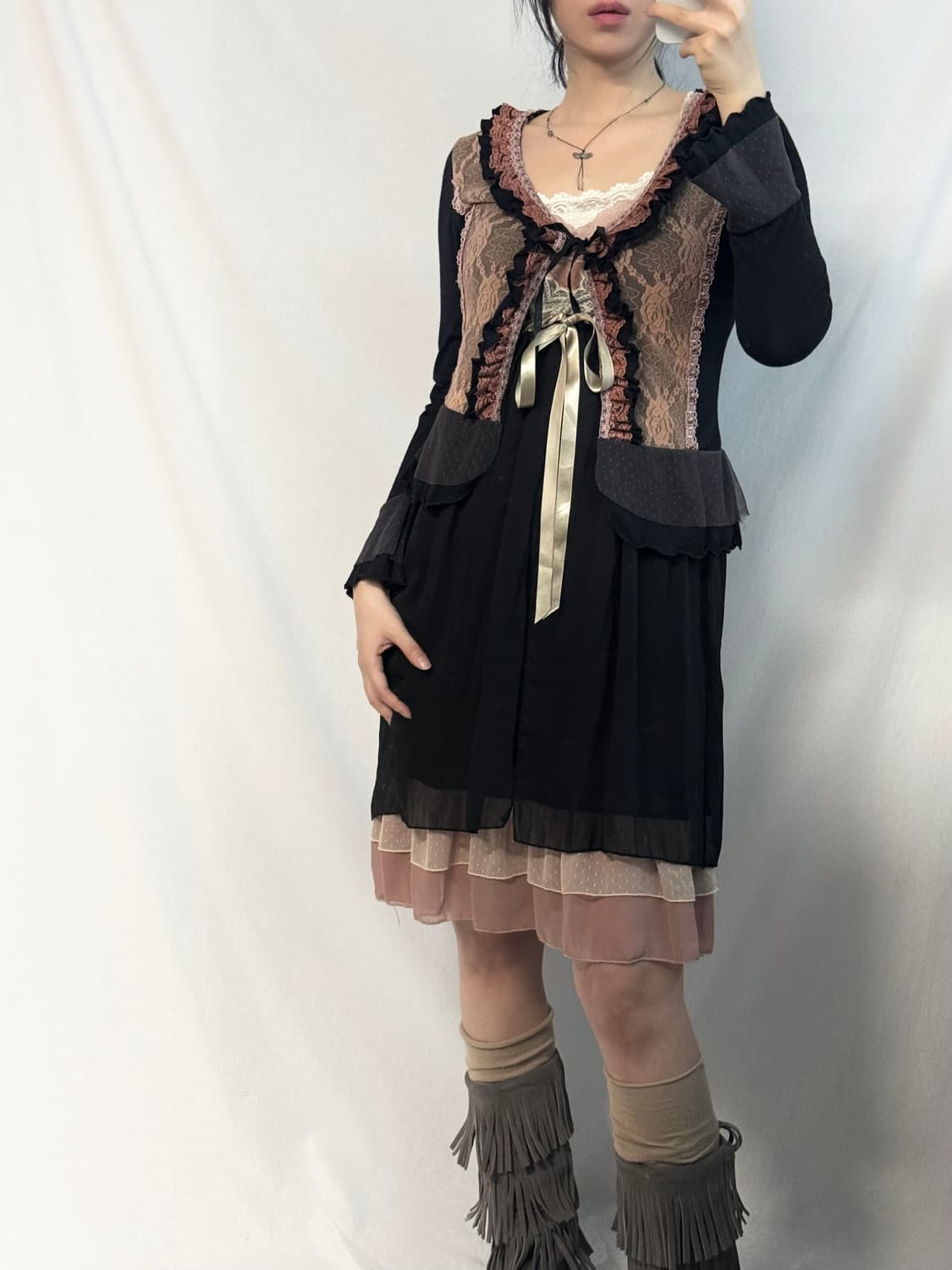 레이스 레이어드 가디건 슬리브리스 원피스 3pcs SET 상품이미지4