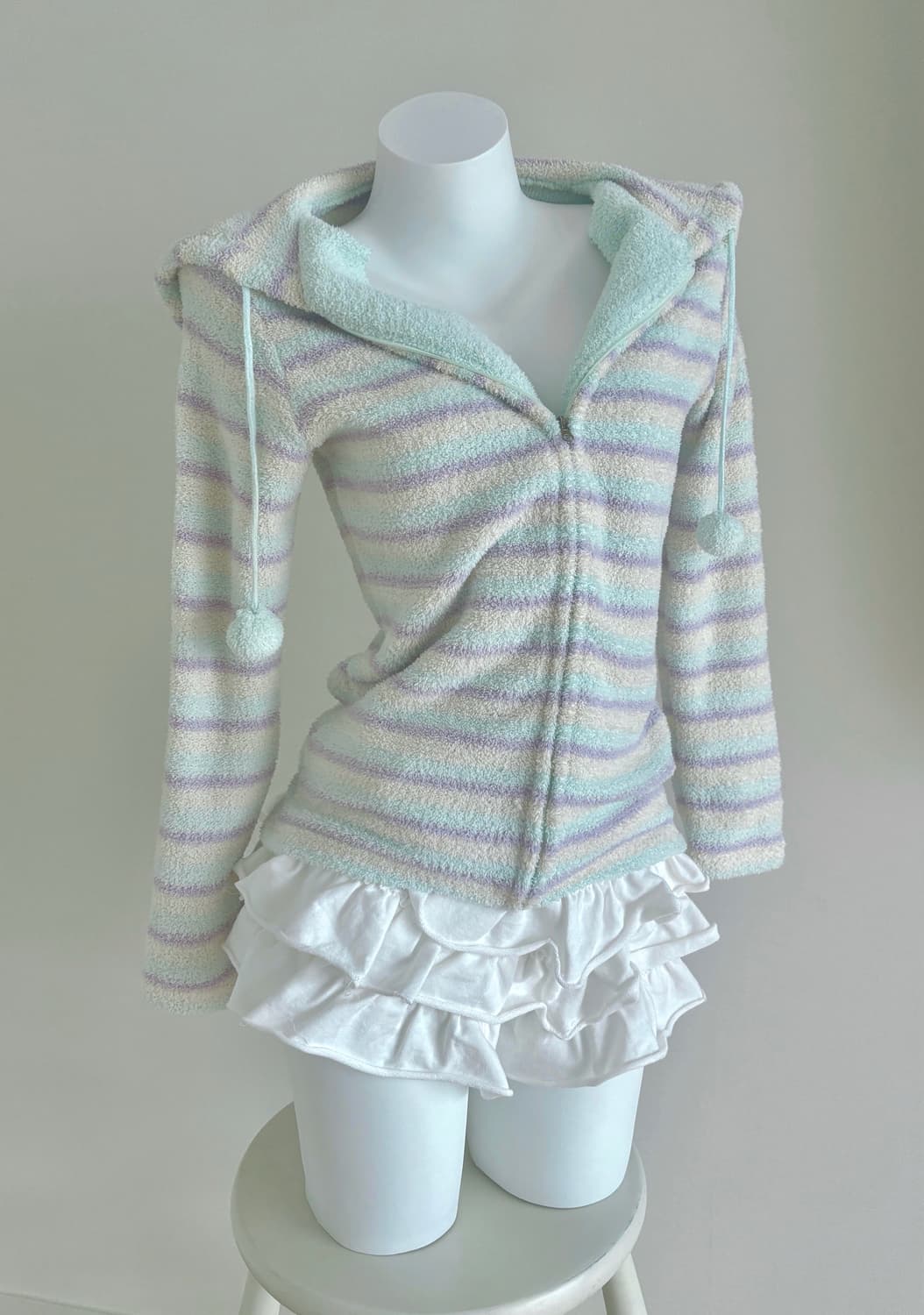 소다 코튼캔티 파스텔 폼폼이 스트라이프 후드집업 헤이세이 갸루 룸웨어 상품이미지1