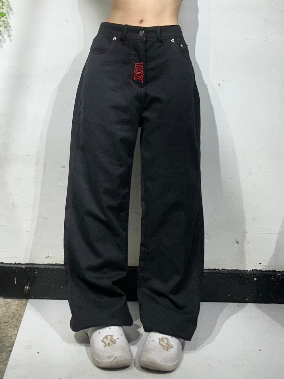 일본 빈티지 블랙 레드 자수 힙합 와이드 팬츠 바지 XL 상품이미지3