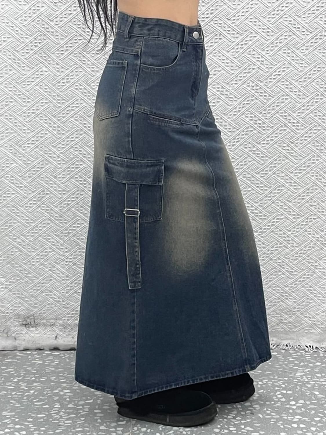 빈티지 올드스쿨 스트릿 힙합 워싱 카고 데님 롱스커트 M C10287 상품이미지1