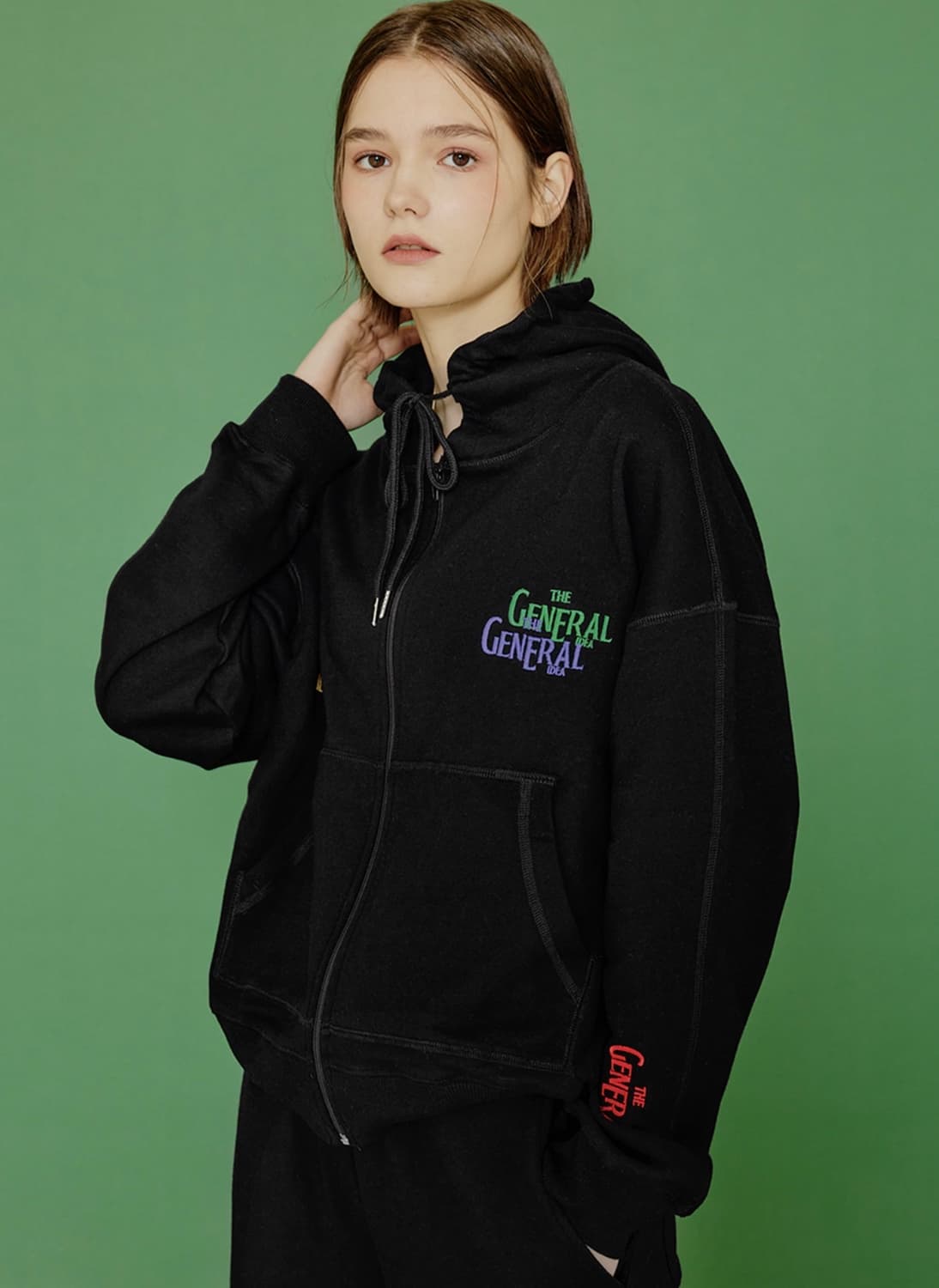 제너럴아이디어 엠브로이더 로고 자수 후드티 후디 블랙 M 상품이미지2