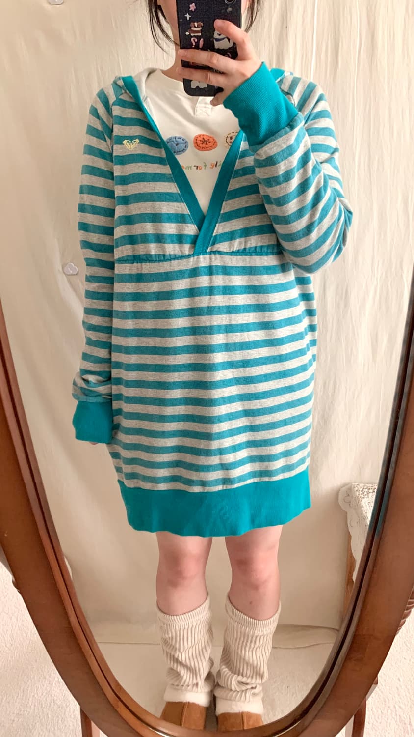 하구미 기모 스트라이프 후드 원피스 상품이미지4
