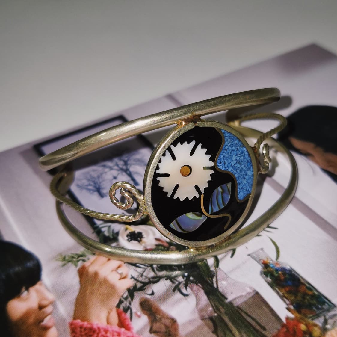 80s 멕시코 알파카 터키석 자개 플라워 뱅글 상품이미지7