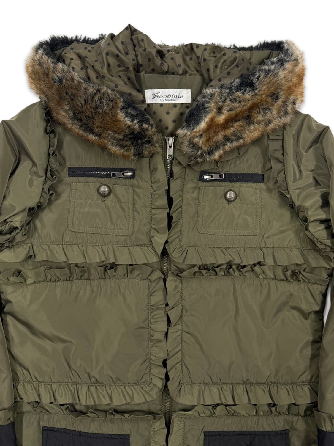 빈티지 Soobinie 카키 프릴 퍼 후드 패딩 상품이미지3