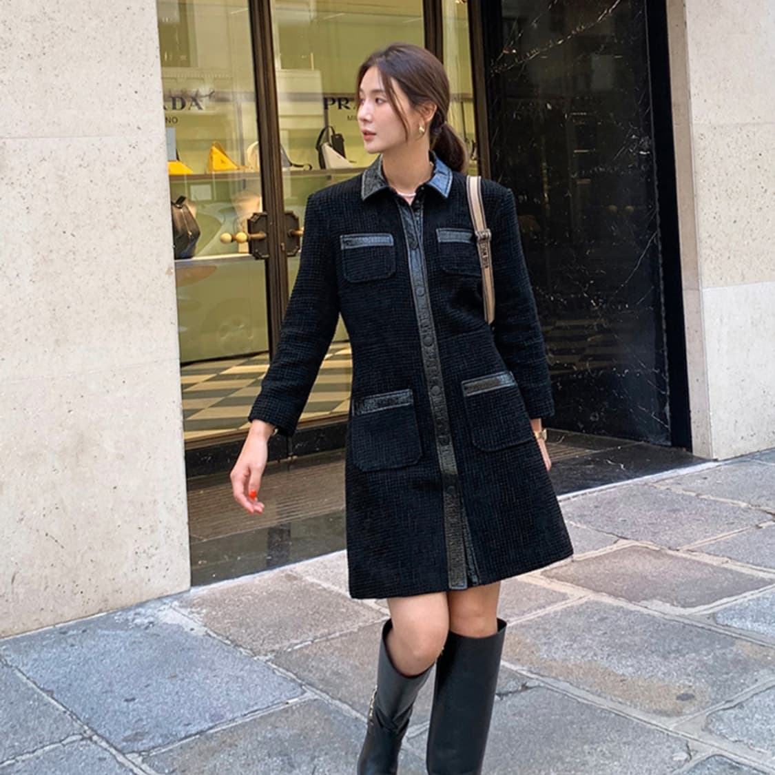 니쁜스(NIBBUNS) 벨벳트위드 레더배색 원피스 55-66 새상품 상품이미지2