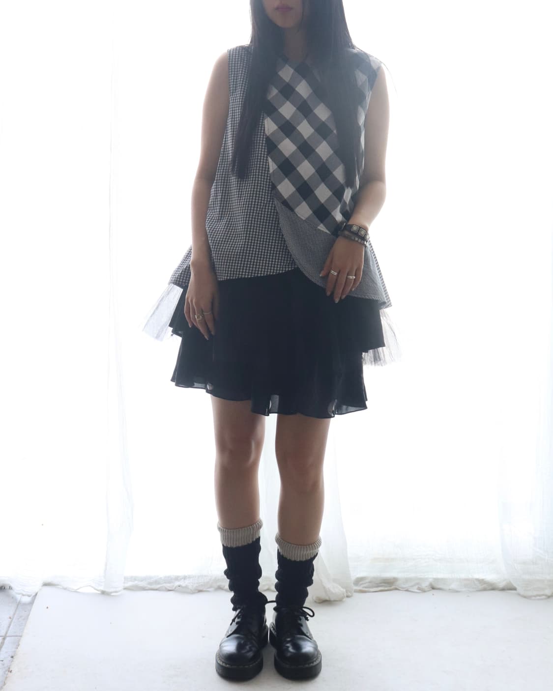 [Beams Boy] Tori-To Check Tulle Blouse 상품이미지2