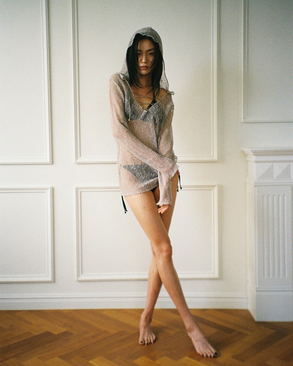 NONERD 노너드 네트 후드티 베이지 스트랩비치웨어시스루그물니트롱슬리브 상품이미지6