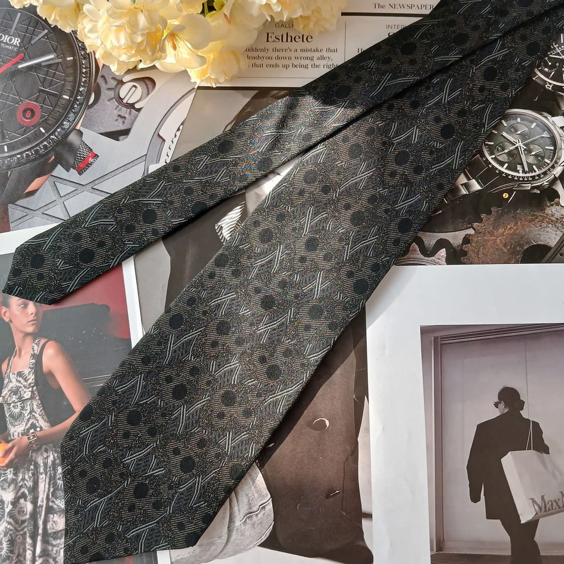 타케오 키쿠치 실크 블랙 패턴 넥타이 9.3cm A+등급 A19641 상품이미지4