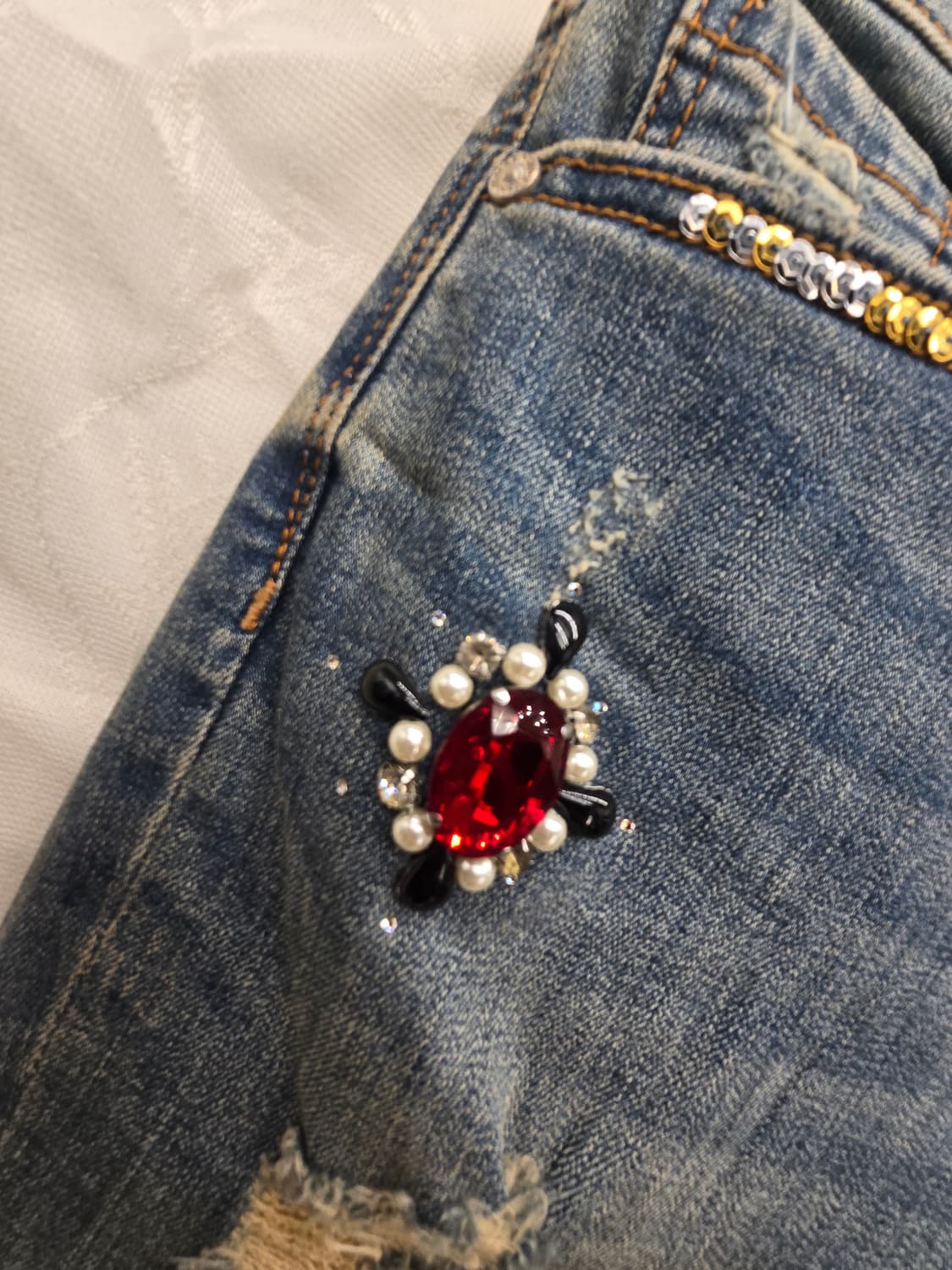 얼진 데미지 부츠컷 청바지 데님 큐빅 장식 상품이미지10