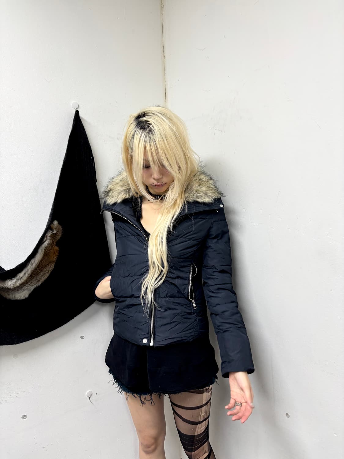 “Bershka” Fur Trimming Navy Padded Jacke 상품이미지7
