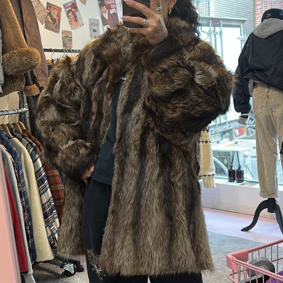 빈티지 브라운 믹스컬러 사가폭스 퍼자켓L 상품이미지1