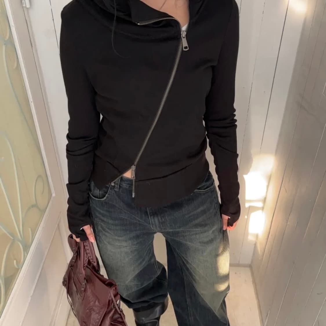 플리즈노팔로우 언발 하이넥 후드집업 상품이미지1