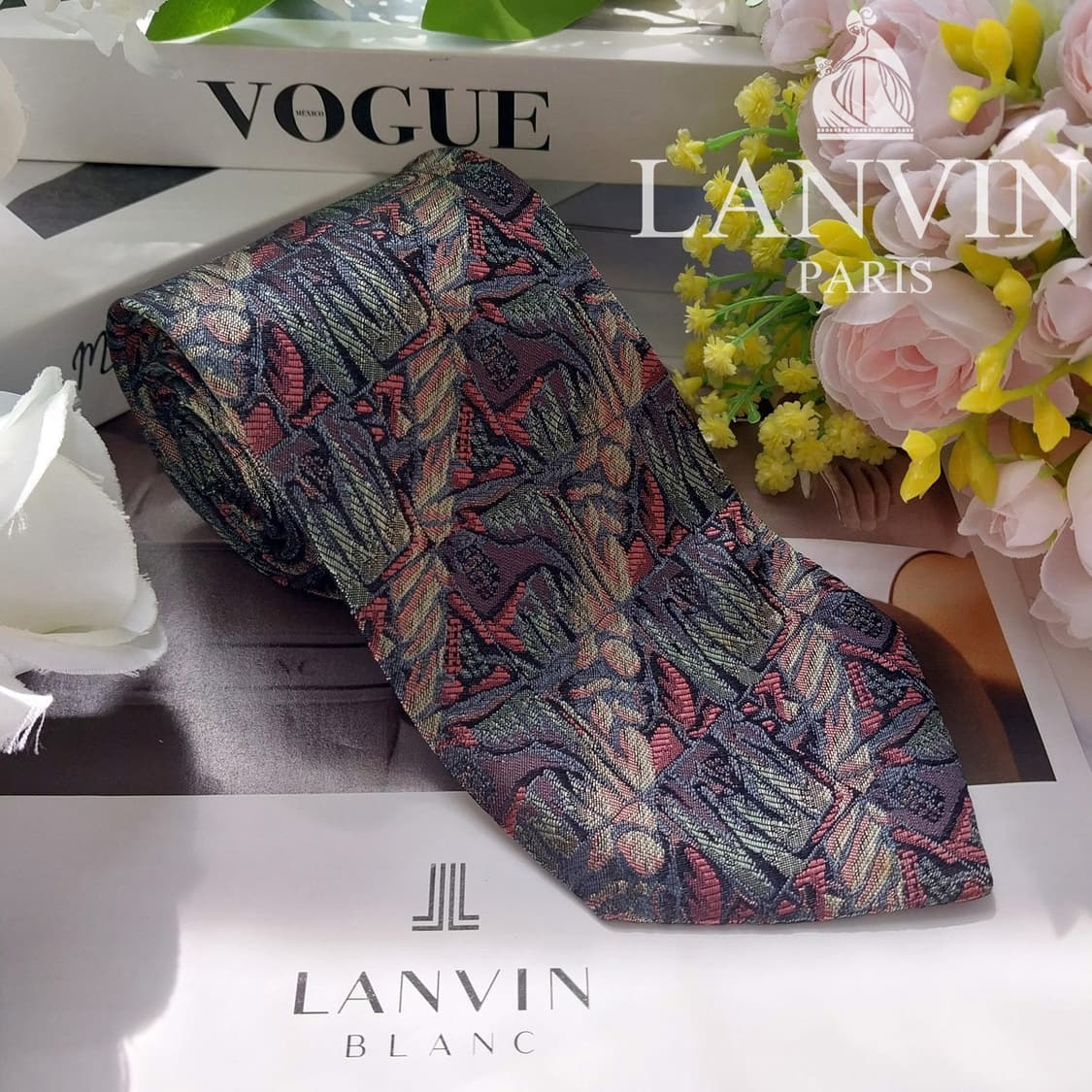 LANVIN 랑방 실크 그린 패턴 넥타이 8.6cm B등급 K2299
 상품이미지1