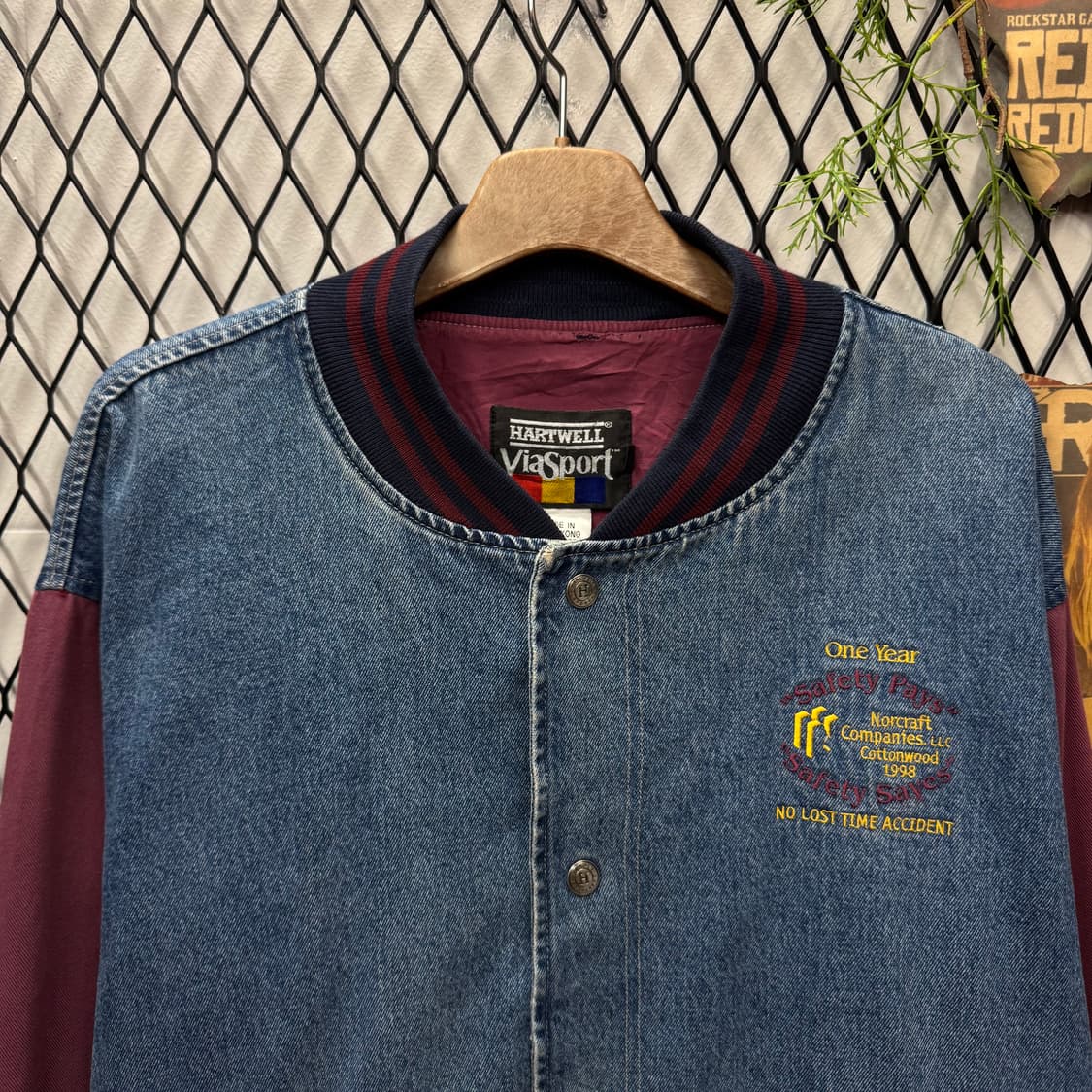 90s USA VINTAGE 데님 바시티자켓 버건디 배색 중청 상품이미지3