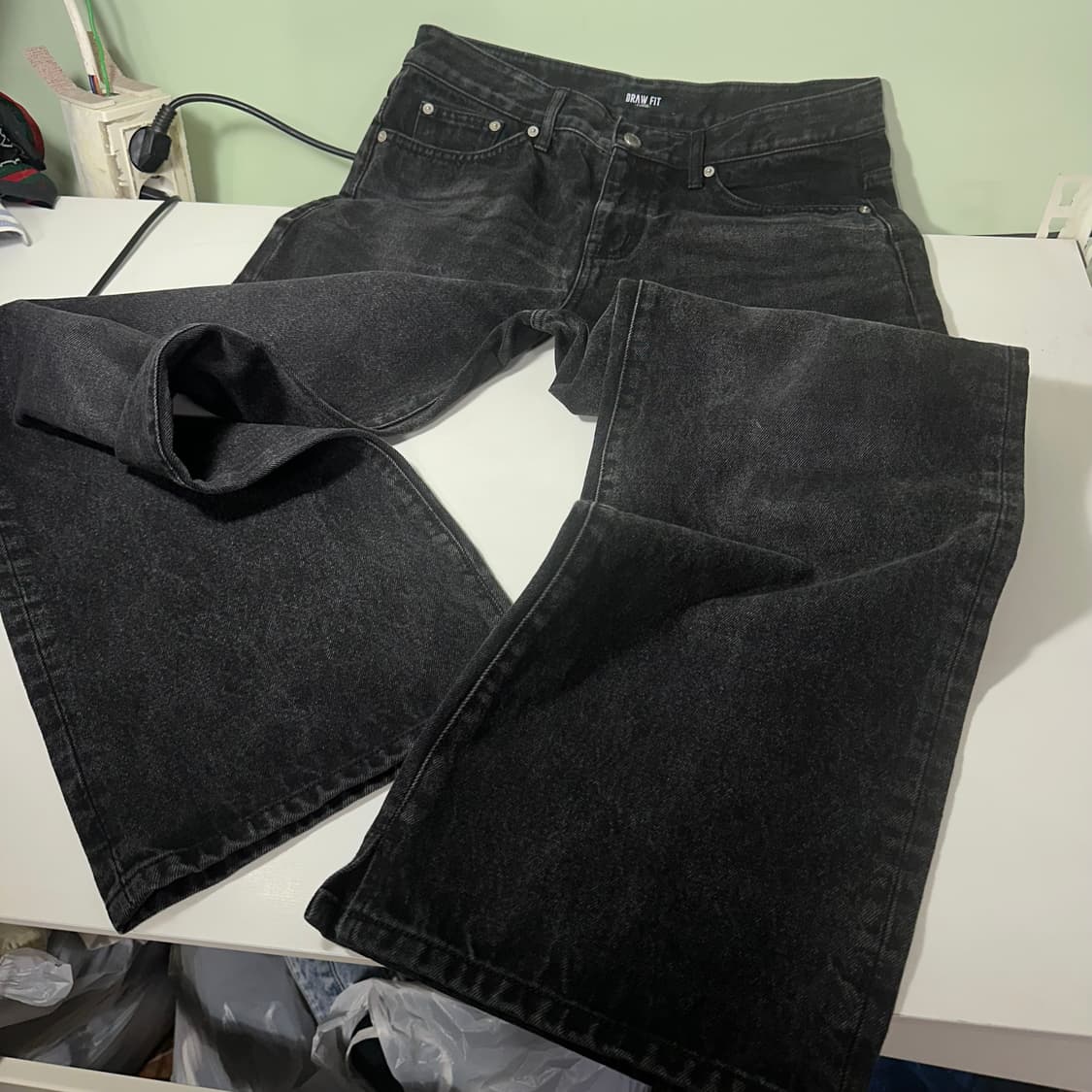 L-XL 드로우핏 빈티지블랙 워시드 와이드 데님팬츠 상품이미지4