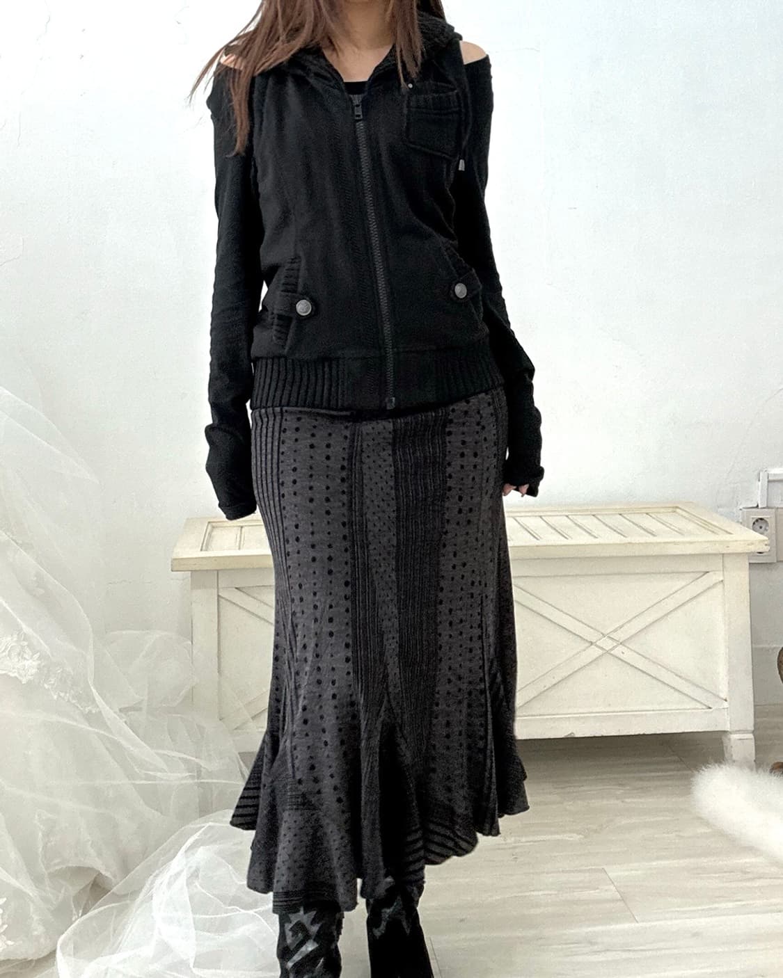 Dot stripe purple black long skirt 상품이미지6