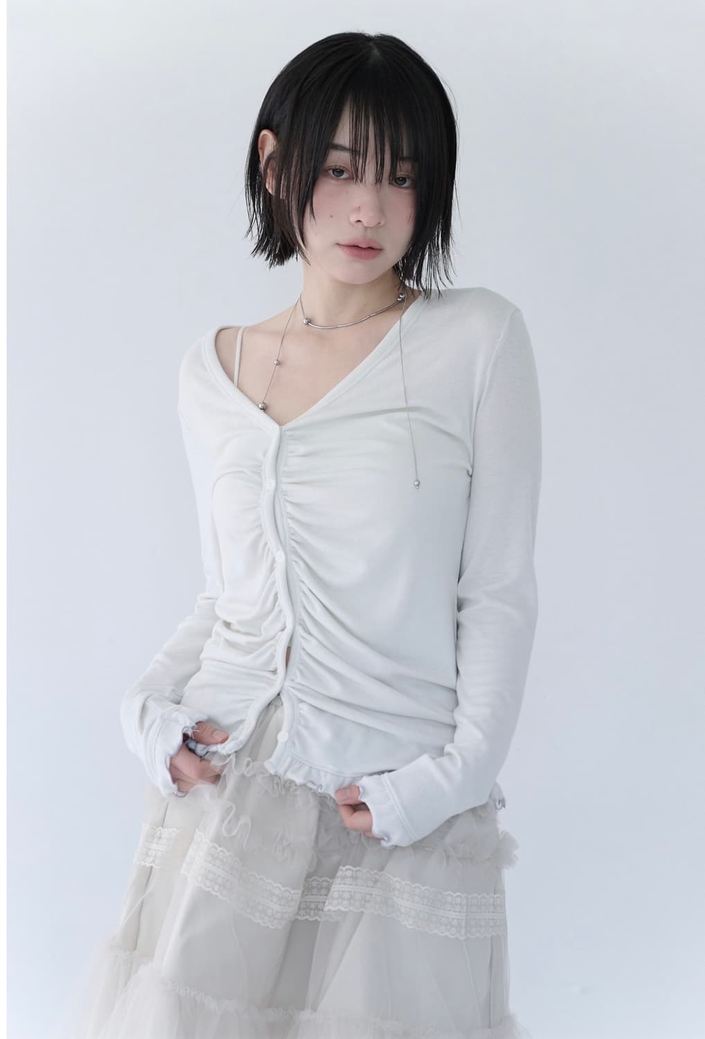 미레코 ASTMMERIC SHIRRING LACE GARDIGAN 상품이미지1