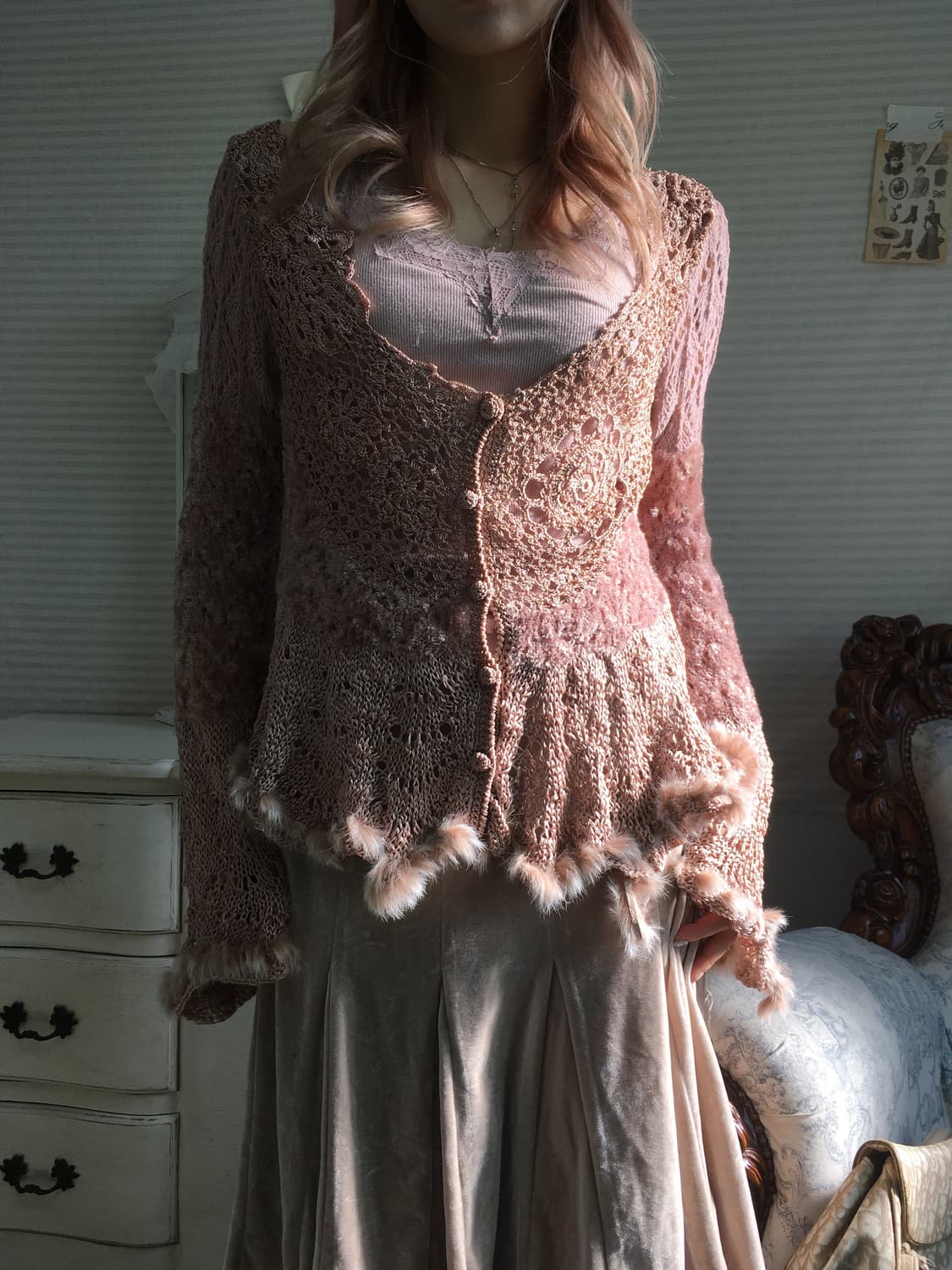 페어리 핑크 퍼 트리밍 아카이브 레이스 니트 가디건 상품이미지4