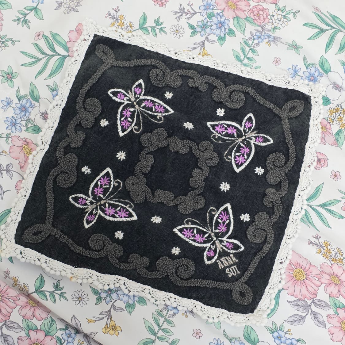 안나수이 일본빈티지 손수건)블랙 오네갸루 버터플라이 나비자수 레이스 상품이미지1