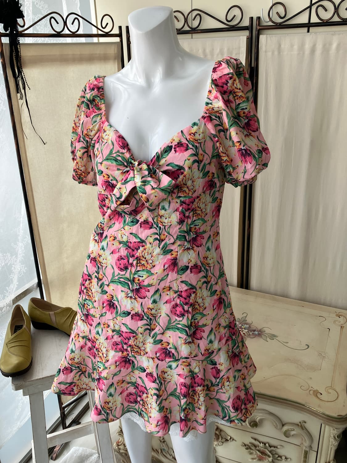 peach pink flower pattern ribbon dress 상품이미지1