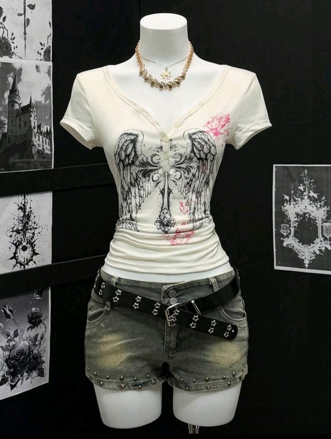 빈티지 펑크 하라주쿠 y2k 브이넥 버클 반팔 상품이미지1