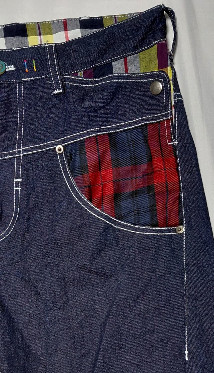 [L] UPSTART Removal 체크 배색 데님 크롭 팬츠 상품이미지4