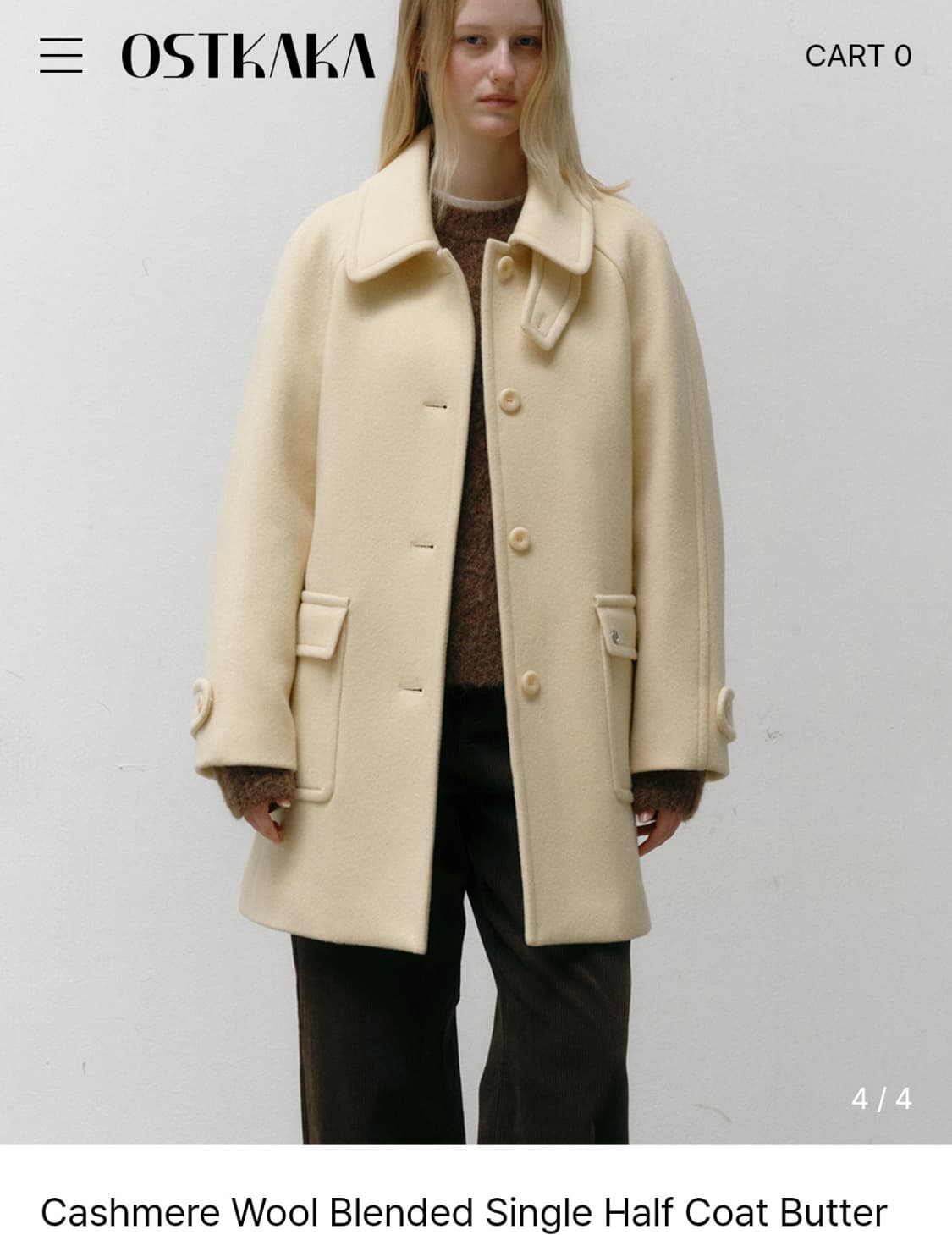 (새제품) 오스트카카 캐시미어 울 블랜드 싱글 하프 코트 버터 상품이미지1