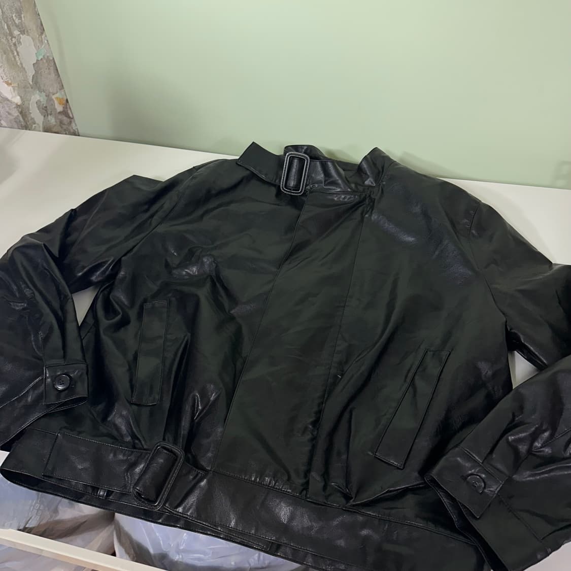 OS 말렌키 블랙 크롭오버핏 레더자켓 가죽자켓 상품이미지1