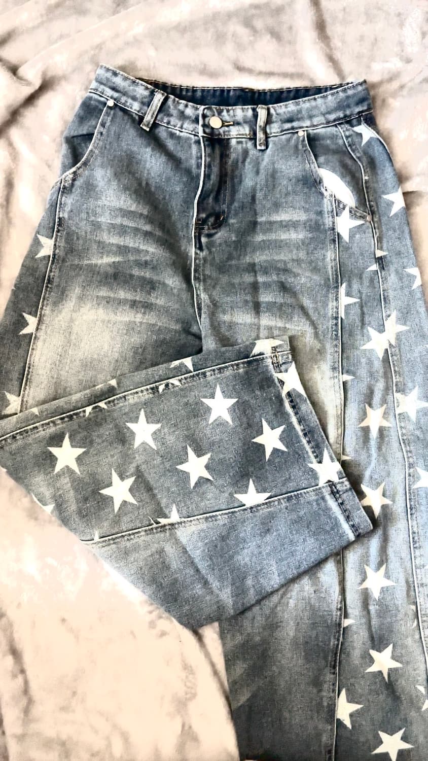 워싱 데님 스타 y2k 핀턱 사이드포인트 와이드팬츠 상품이미지1