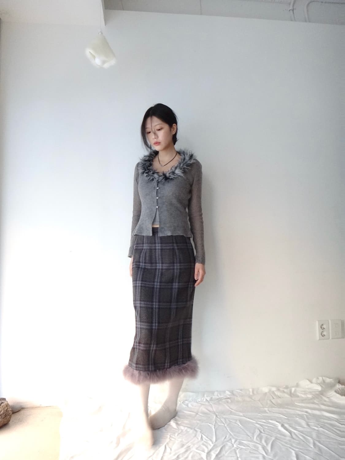 Check fur mix skirt / purple 상품이미지4