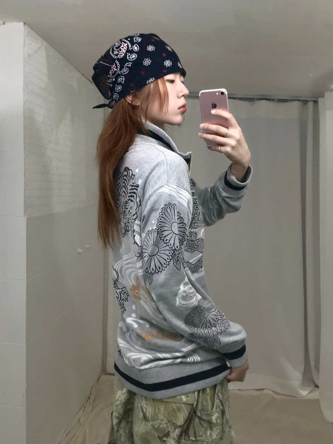 빈티지 오리엔탈 용 프린팅 그레이 져지 집업 상품이미지2