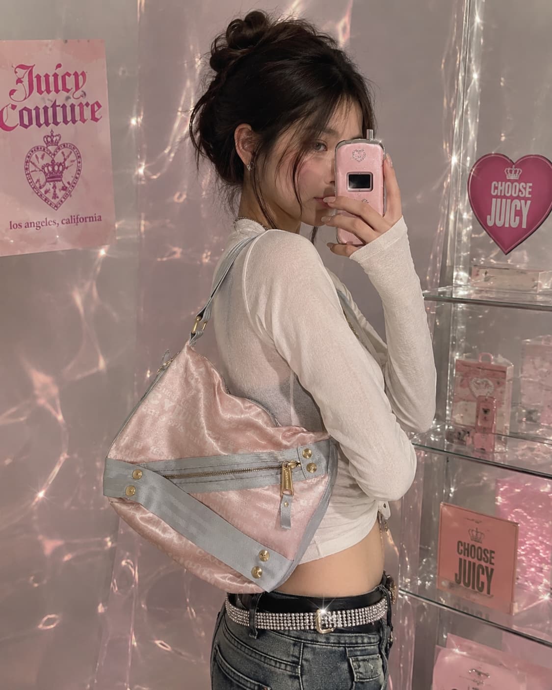 레어🩷//쥬시꾸뛰르 핑크 새틴 숄더백 크로스백 y2k 상품이미지1