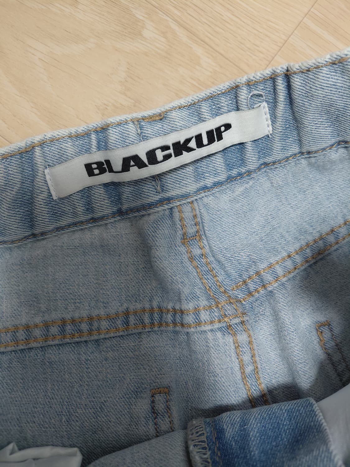 블랙업  BLACKUP 연청 찢청 밑단 스트링 데미지드 와이드진 상품이미지3