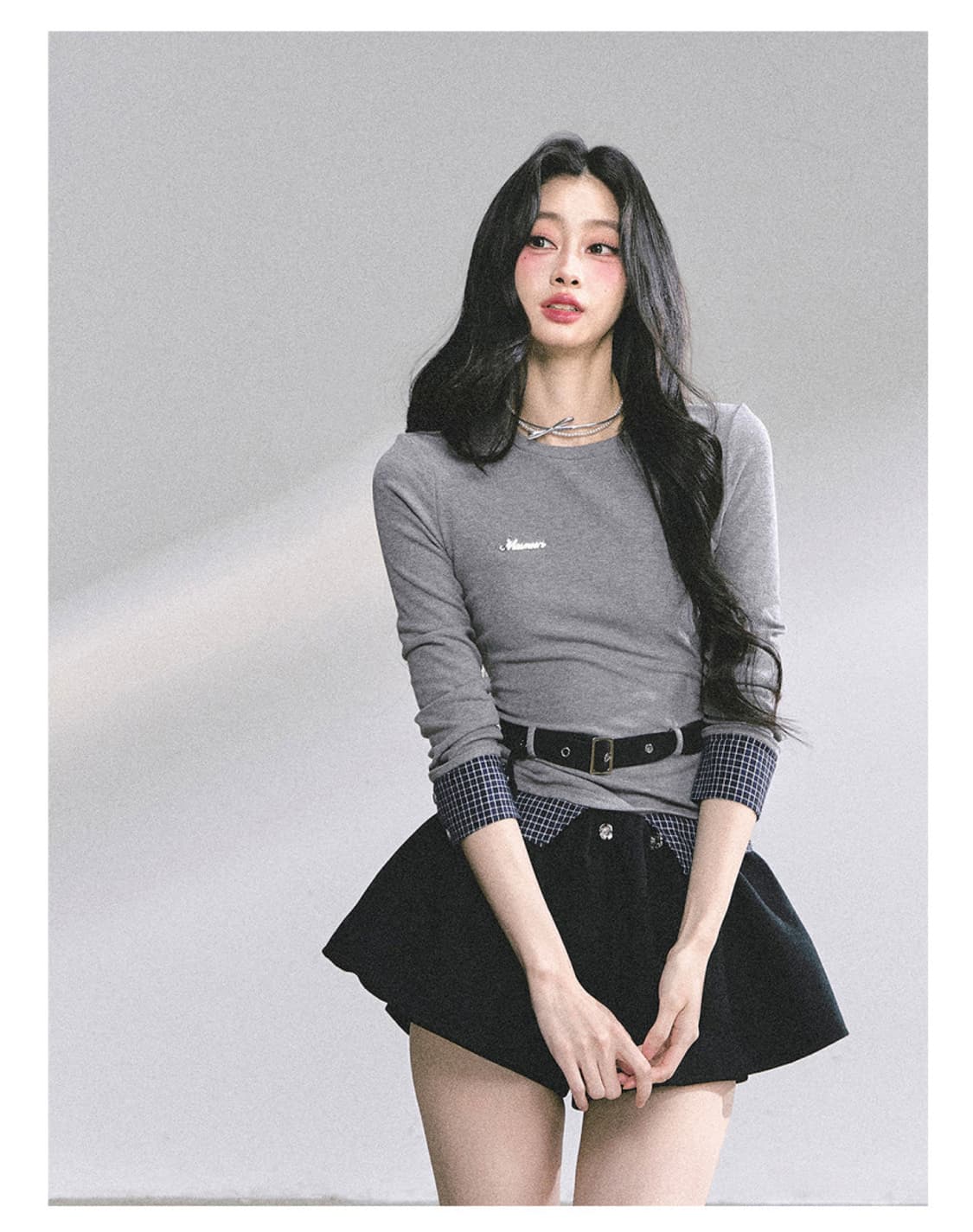 ShaoyeEye 플레드 티셔츠 슬림핏 벨트티 상품이미지3