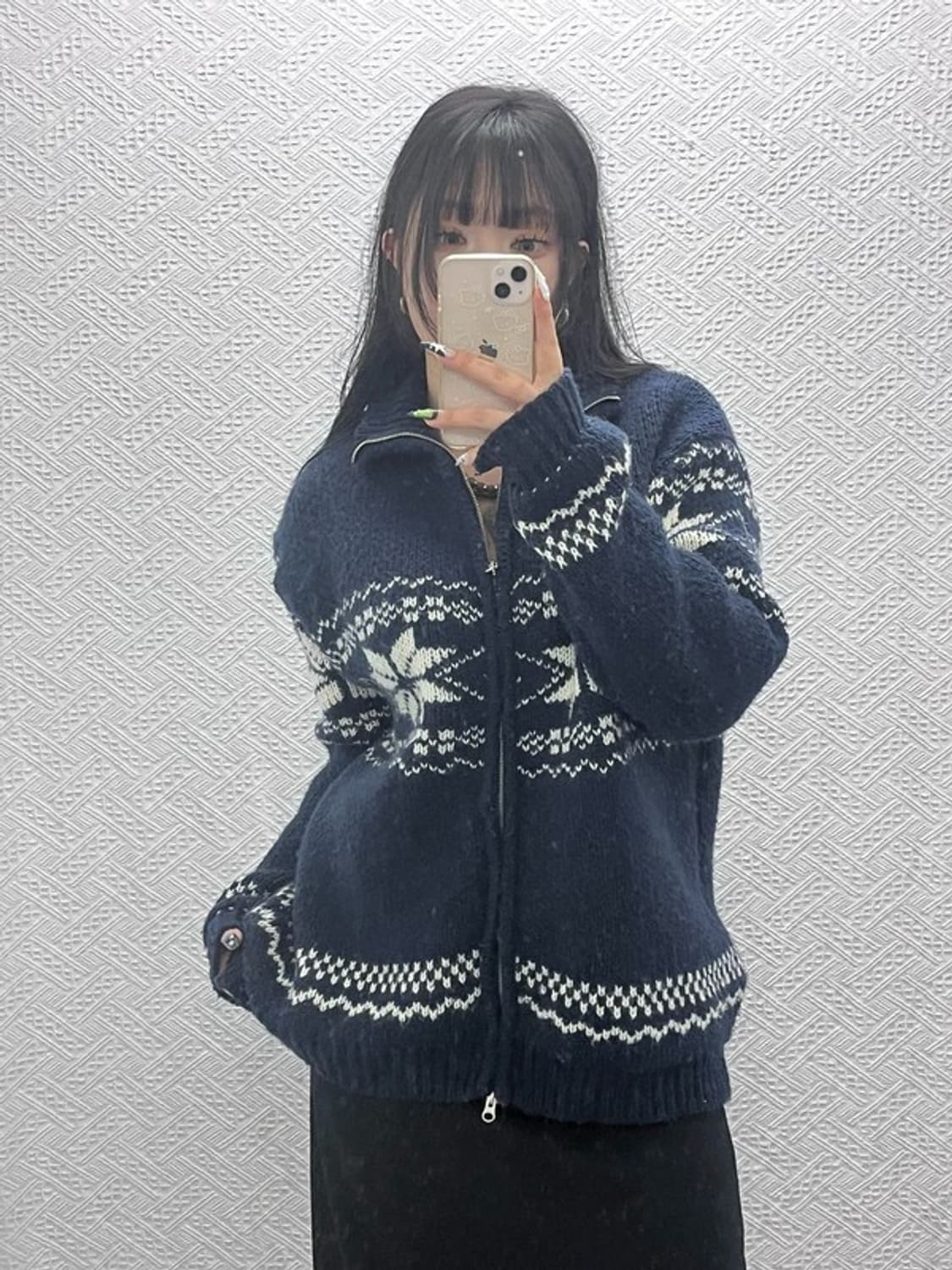 빈티지 노르딕 코위찬 눈꽃 뜨개 니트 집업 가디건 XL C08798 상품이미지1