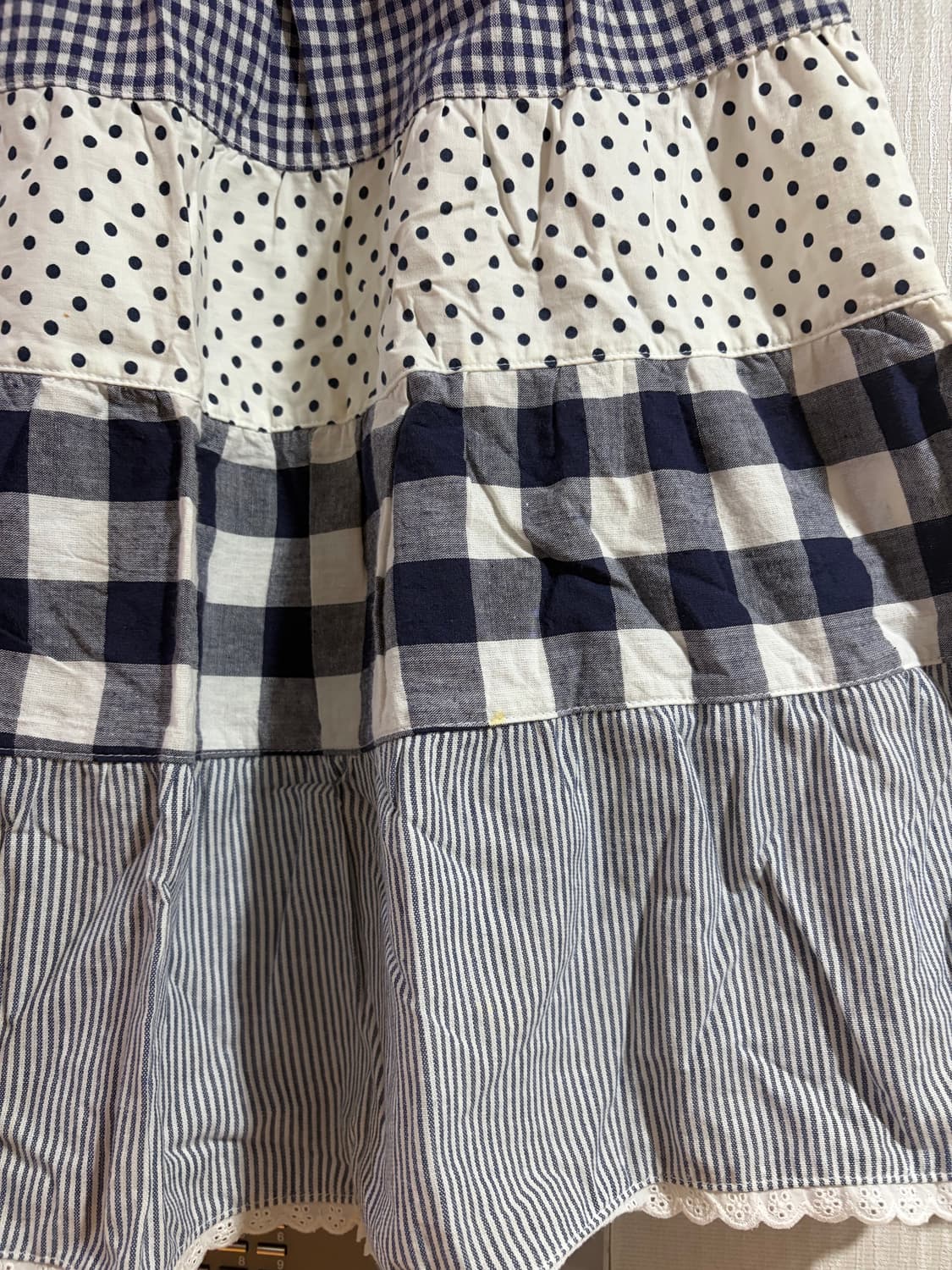 🛋️빈티지 모리걸 도트체크 패치워크 미디스커트 상품이미지3