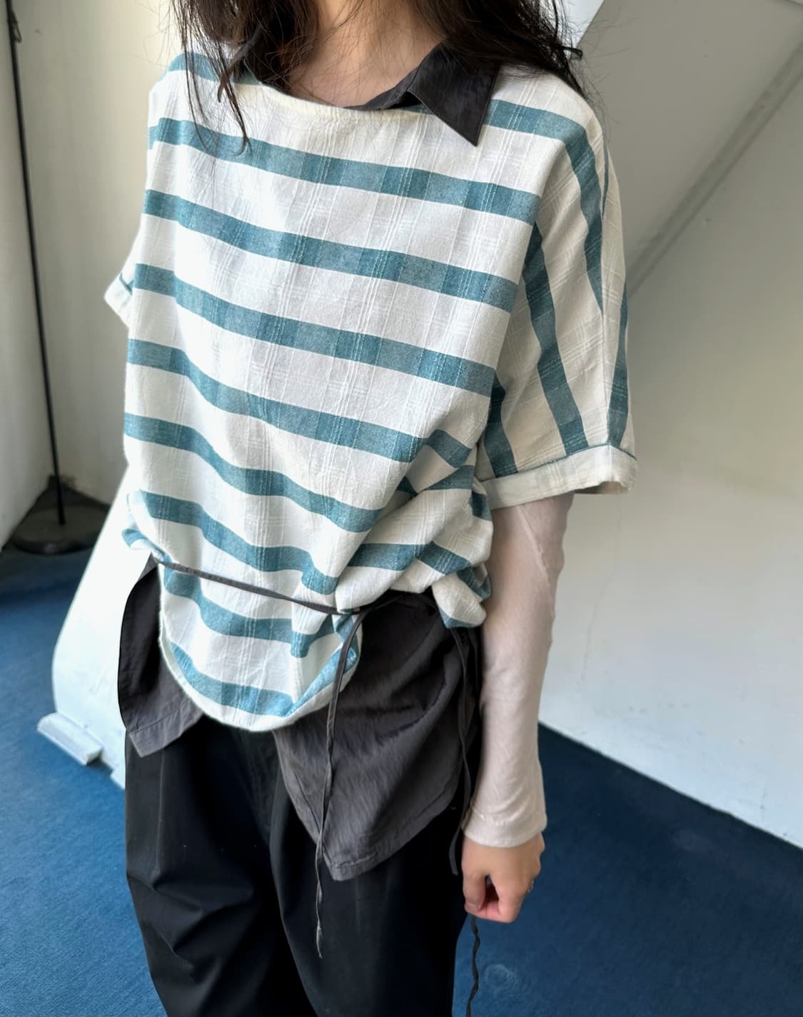 Wide sleeve jacquard fabric shirt top 상품이미지4