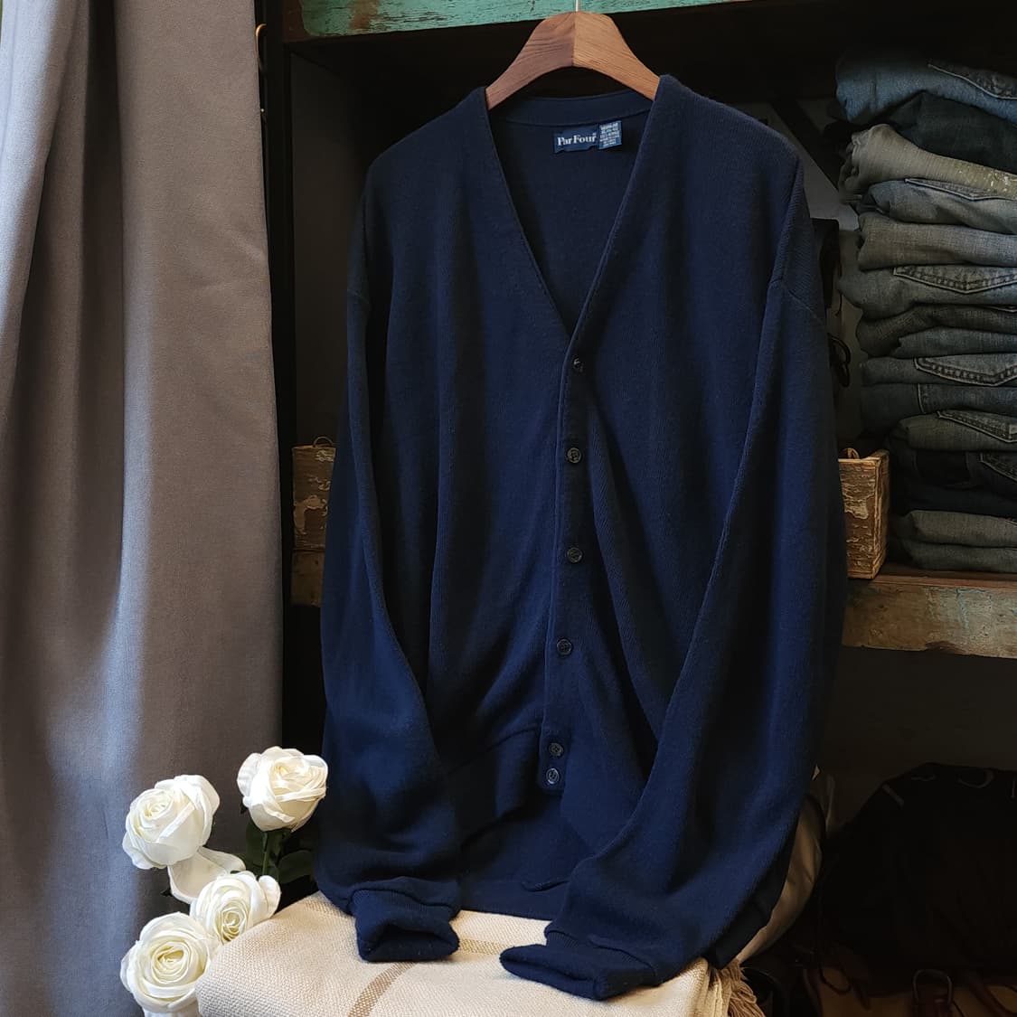 90s 빈티지 가디건 브이넥 가디건 버튼 클로져 네이비 xl 상품이미지1