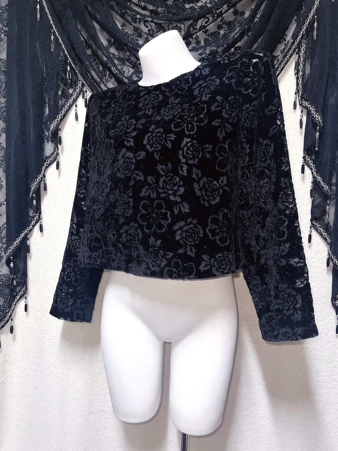 로맨틱고딕 오리엔탈 고스로리 펑크 플라워패턴 글리터 벨벳블라우스 페어리 상품이미지1