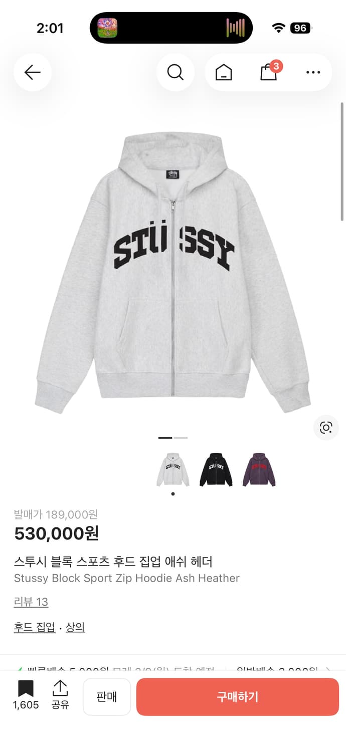 스투시 블록스포츠 후드집업 애쉬 그레이 상품이미지1