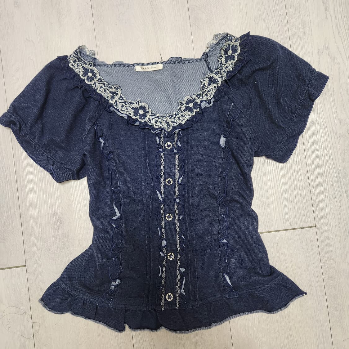 유일매물 axes femme 꽃 레이스 데님 블라우스 갸루 상품이미지1