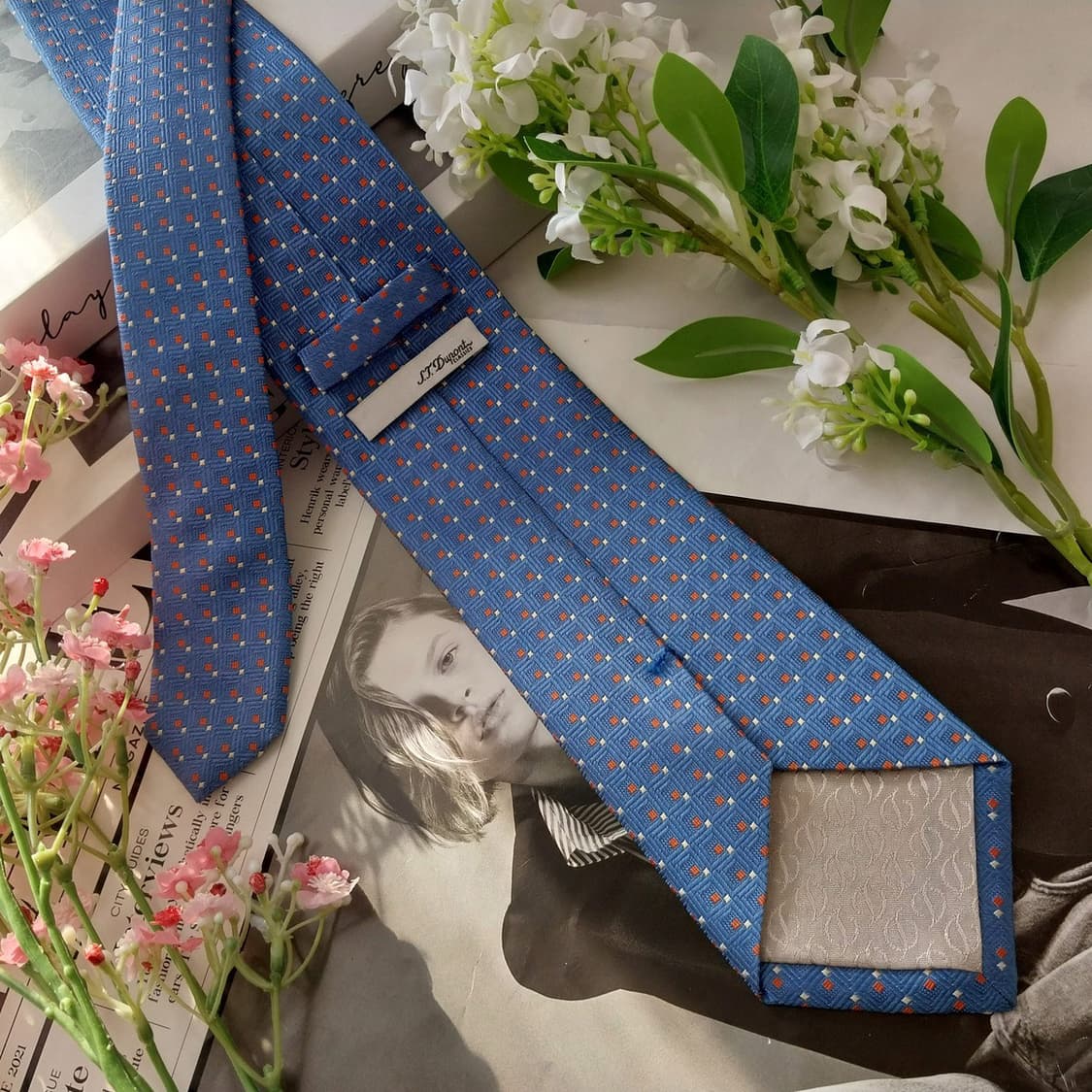 에스 티 듀퐁 실크 블루 기하 패턴 넥타이 8.1cm A+등급 K1887 상품이미지5