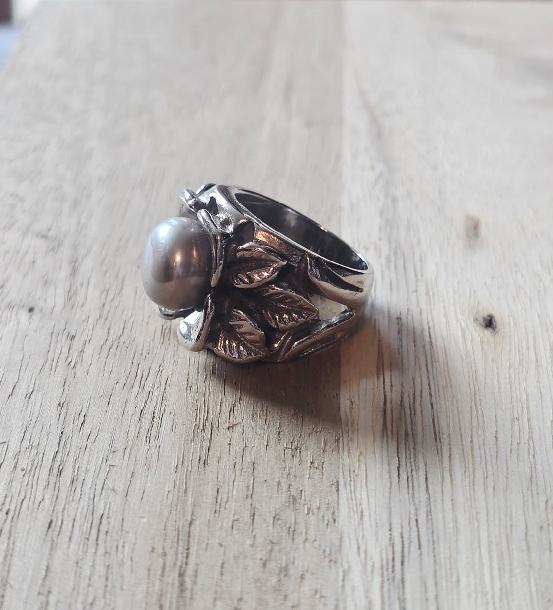 빈티지 실버 나뭇잎 모티브 진주 반지 상품이미지2