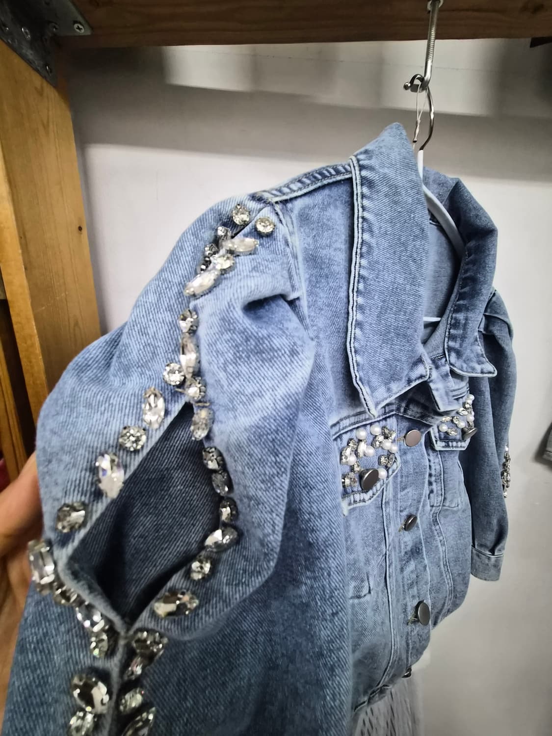 스톤비즈 벌룬 반팔 데님자켓.지고트 레이스 원피스 상품이미지5