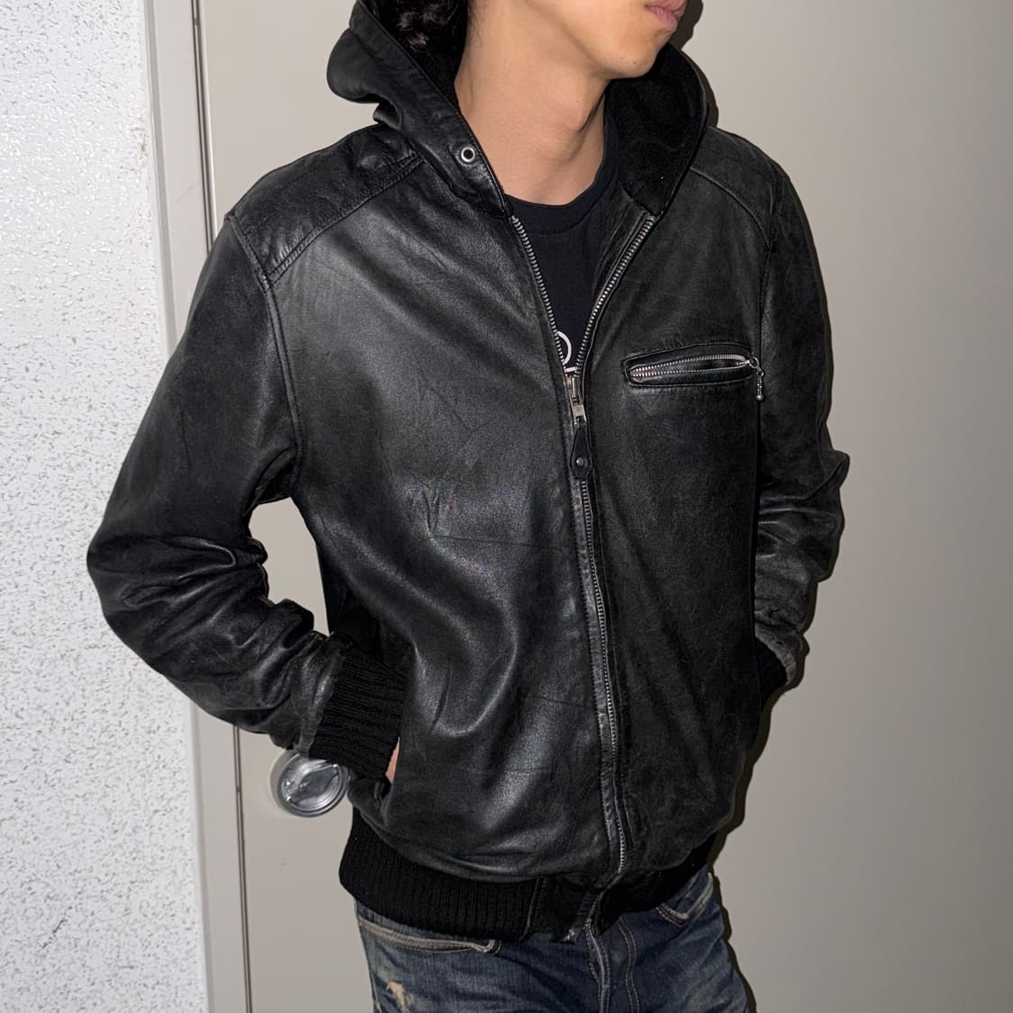 빈티지 에이징 레더 후드 자켓 상품이미지1