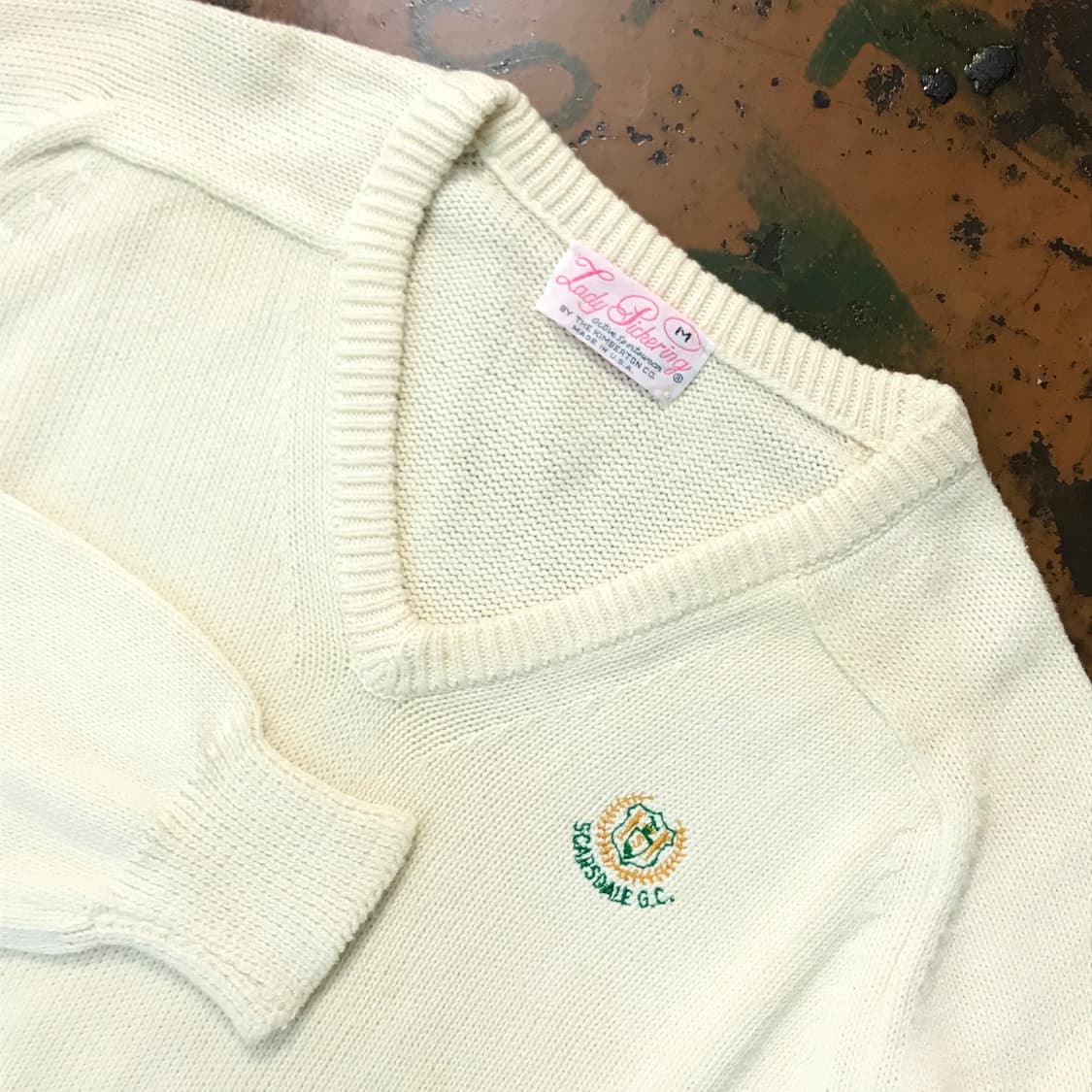 Usa vtg 크림 아이보리 브이넥 코튼 자수 니트 여성 55 66 상품이미지3