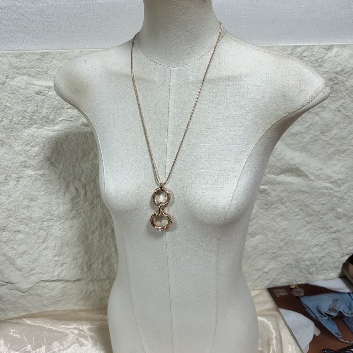 빈티지  로즈골드톤 스네이크체인 더블 링 목걸이 상품이미지1