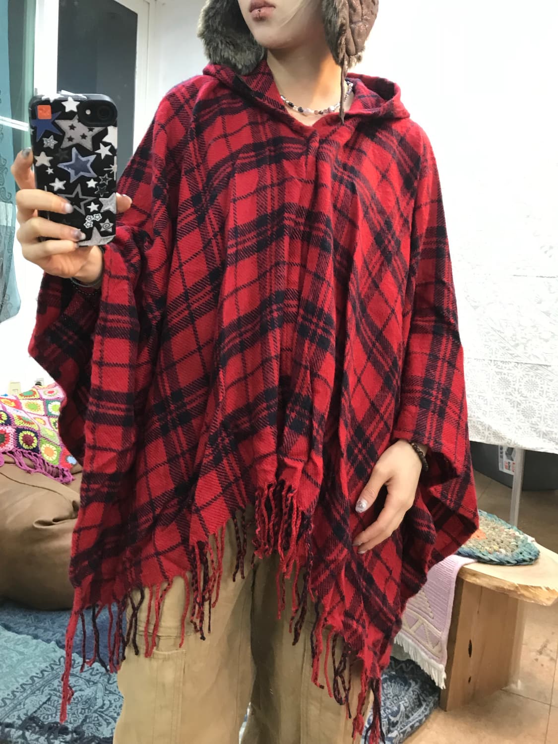 빈티지 체크 타탄 후드 판쵸  상품이미지1