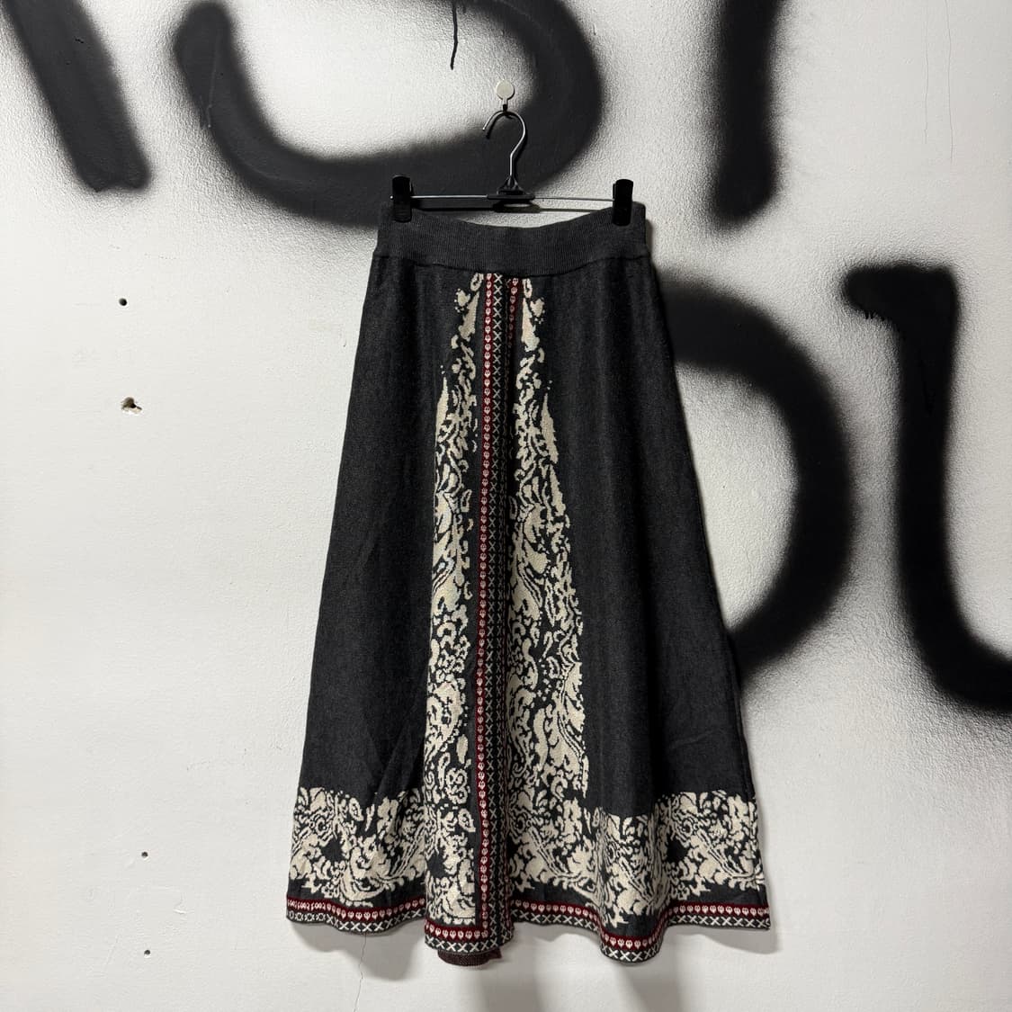 VTG 빈티지 오리엔탈 에스닉 패턴 울 혼방 밴딩 플레어 롱 스커트 상품이미지1